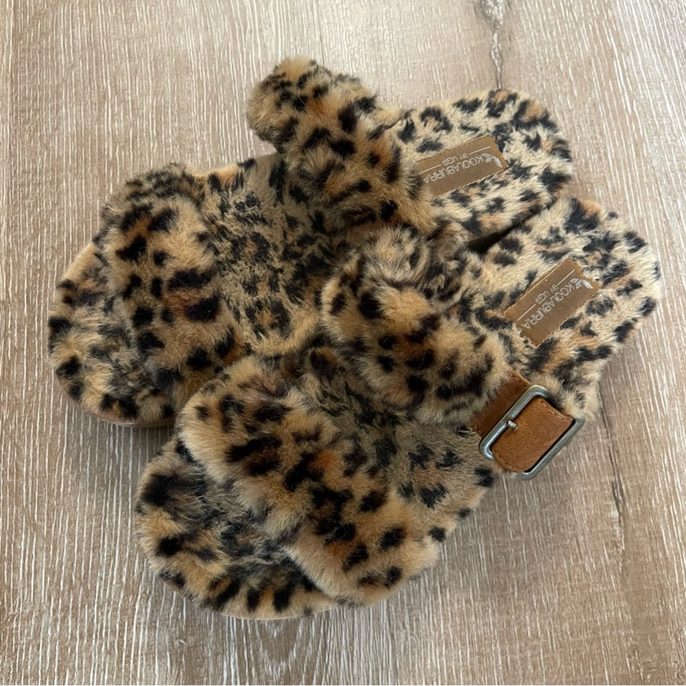 Koolaburra Leopard Faux Fur Slide Sandals in Tan and Black